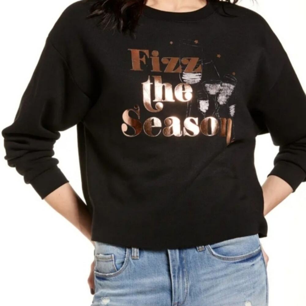 NWT Black Fizz the Season Metallic Graphic Cropped Sweatshirt Holiday size Large